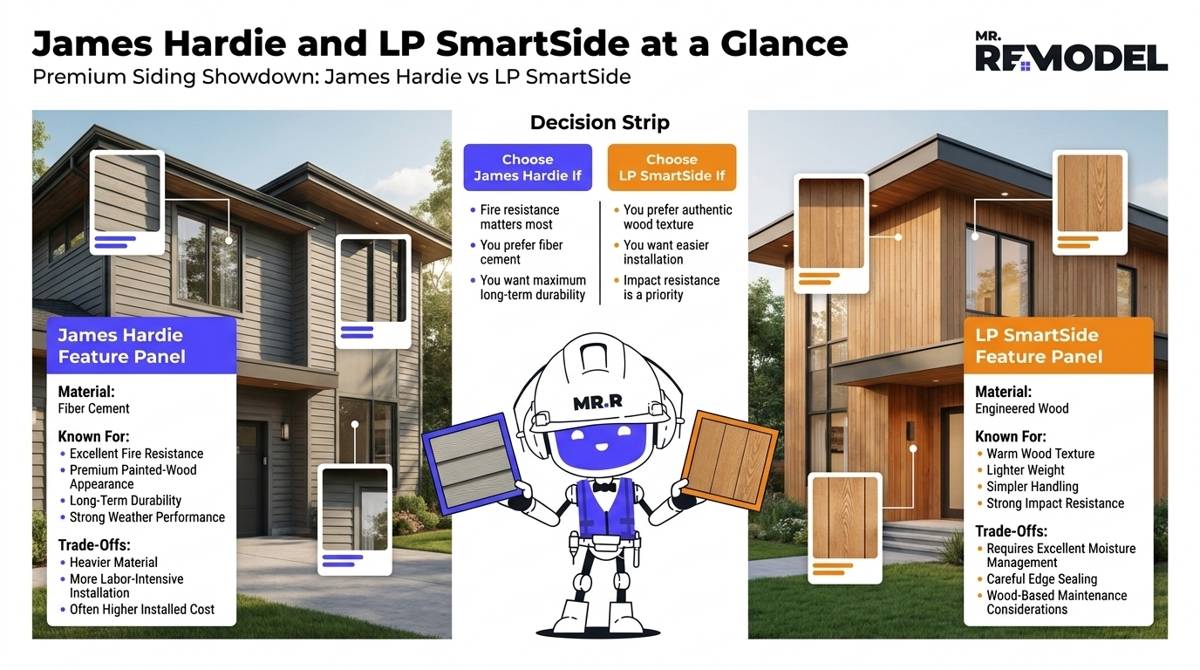 Editorial buyer's guide comparing James Hardie fiber cement siding and LP SmartSide engineered wood siding across major homeowner priorities.